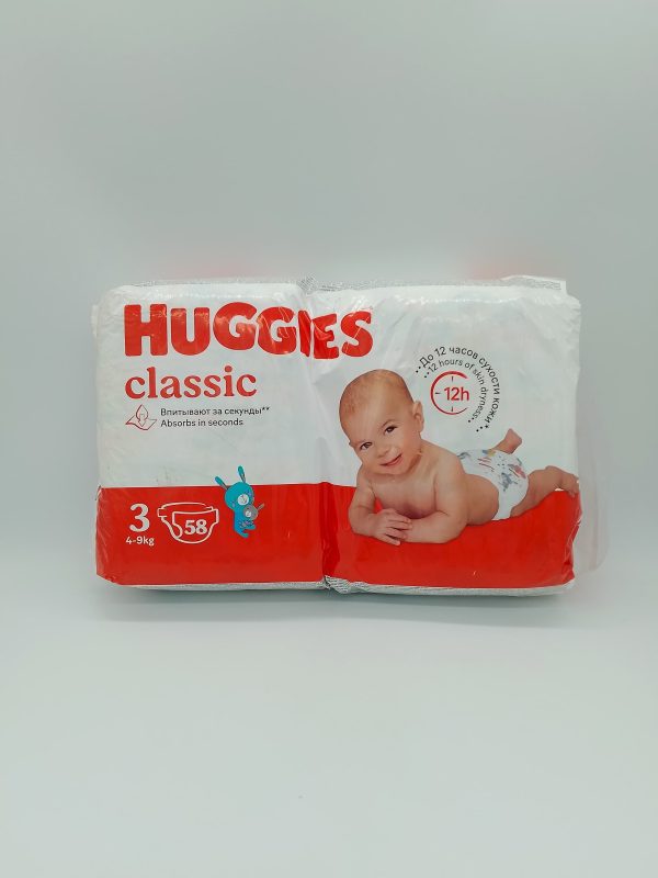 HUGGIES classic Впитывают за секунды Absorbs in seconds До 12 часов сухости кожи размер 3 от 4-9 кг 58 шт — изображение 2