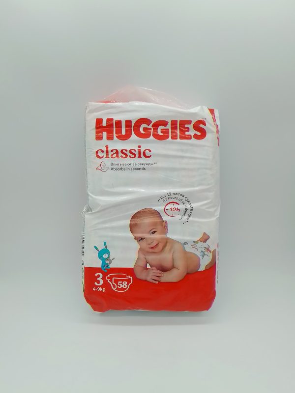 HUGGIES classic Впитывают за секунды Absorbs in seconds До 12 часов сухости кожи размер 3 от 4-9 кг 58 шт