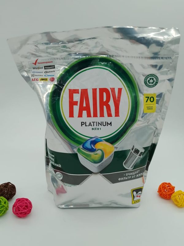 Fairy Platinum Всё в 1 для удаления сложных загрязнений + очищает фильтр от жира Лимон 70шт